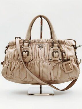 Prada Gaufre Beige Leather Ruched Satchel Shoulder Bag 2 Way Handbag